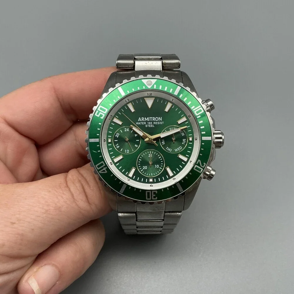 Armitron Mens Watch 45mm Green Dial Stainless Day Date New Battery 7.75